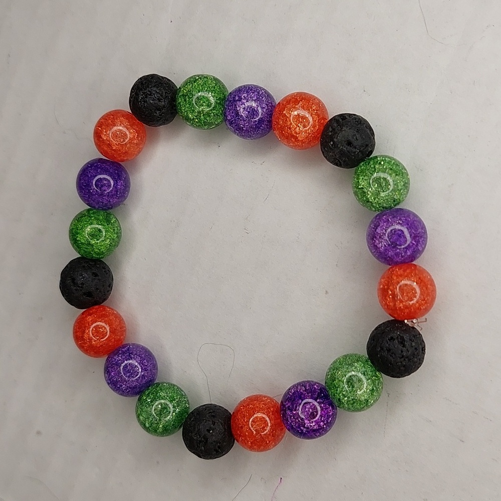 Dyed Purple, Orange & Green Crackle Quartz and Lava 10mm Stone bracelet